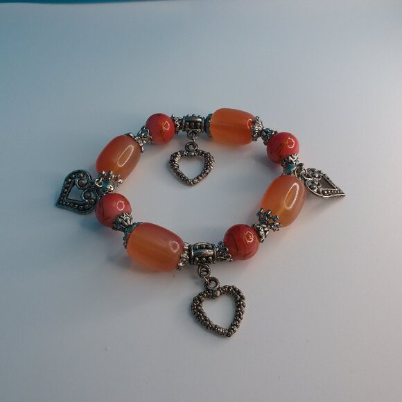 Women's Peach Clear Crystal beaded Bracelet, with little silver hearts - Picture 2 of 5